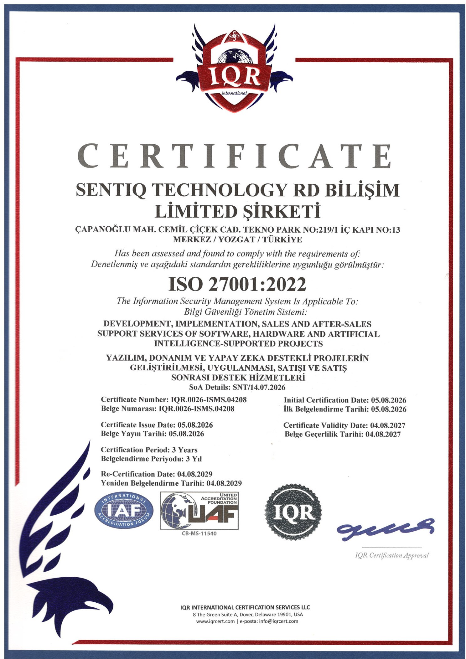 ISO/IEC 27001:2022 — Bilgi Güvenliği Yönetim Sistemi sertifikası