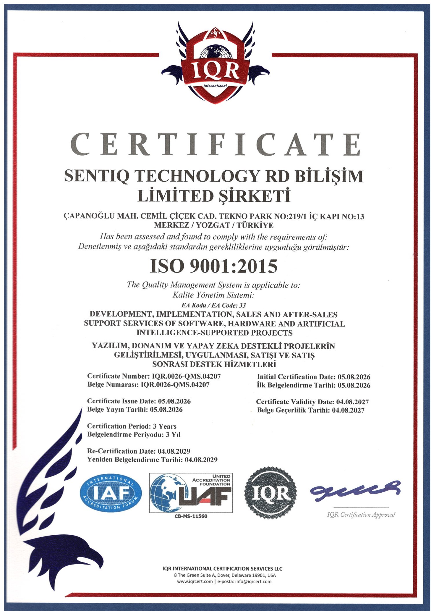 ISO 9001:2015 — Kalite Yönetim Sistemi sertifikası